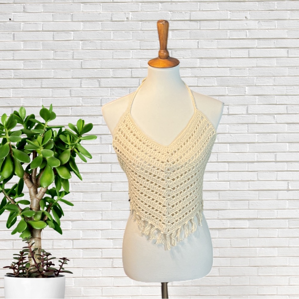 Handmade V Shape Designed Halter Top with Fringe Crocheted Festival Tankini